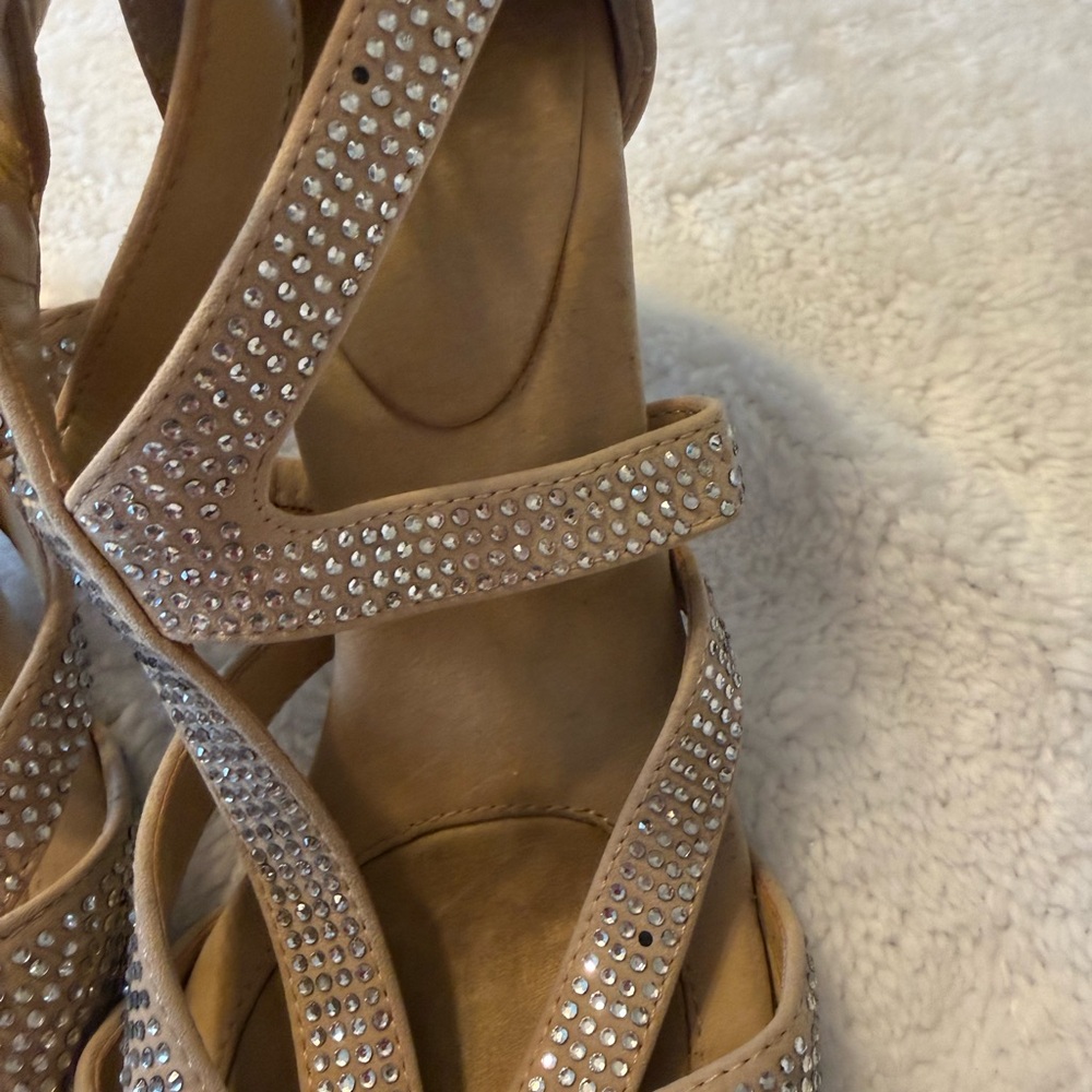BCBGeneration Tan Strappy Heels with Rhinestones - Picture 2 of 5